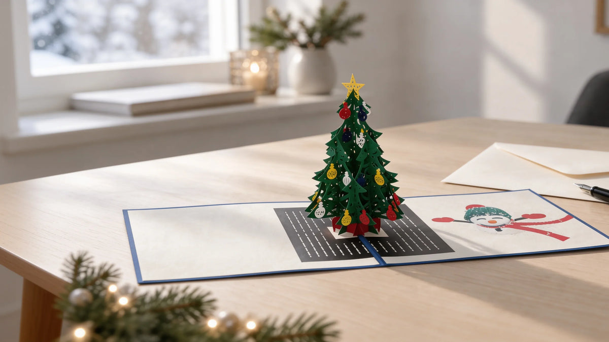 Aufgeklappte 3D-Pop-up-Weihnachtskarte mit geschmücktem Tannenbaum auf einem Schreibtisch, daneben Umschlag und Füller