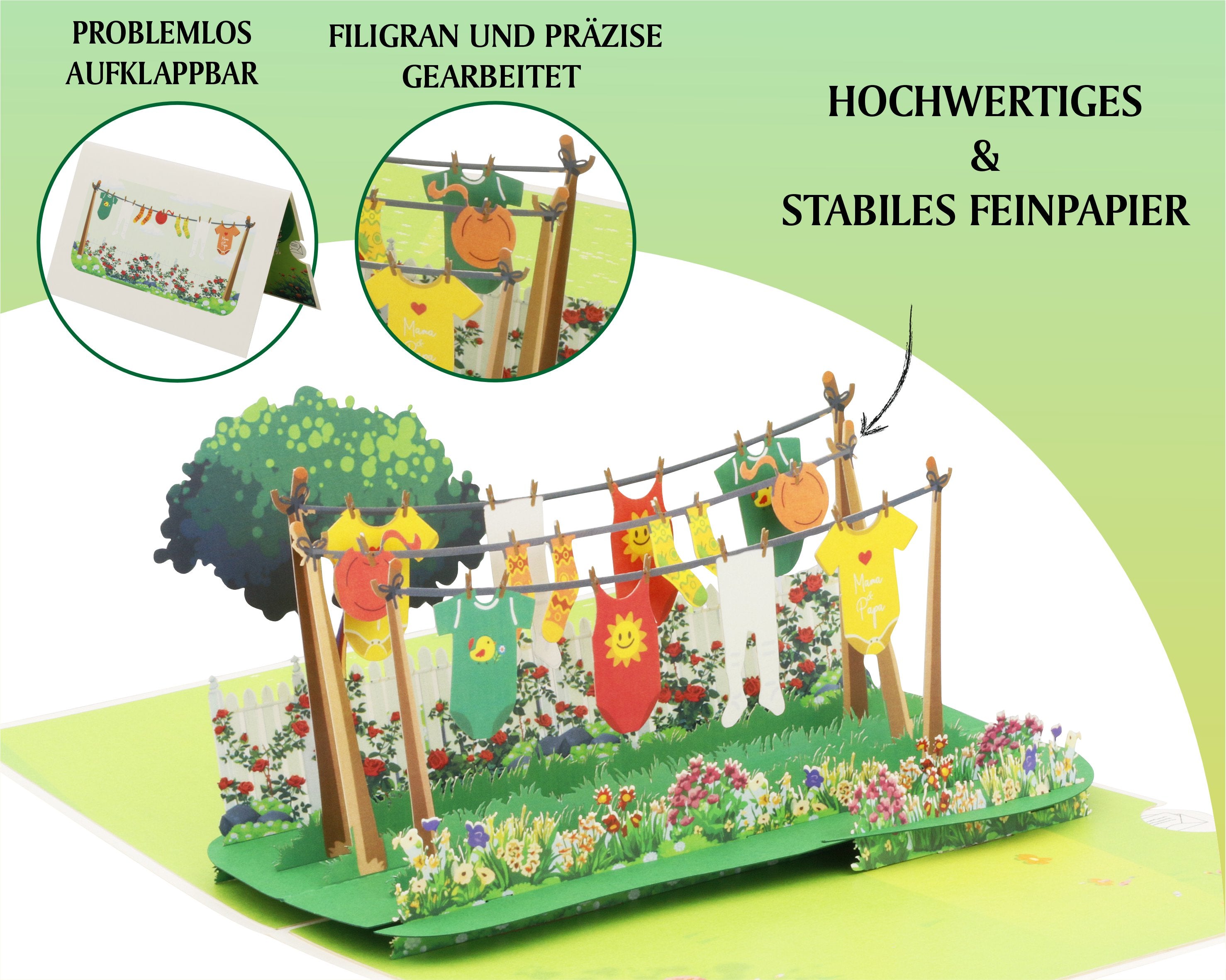 Aufgeklappte Pop-up-Karte mit Babywäsche auf der Wäscheleine, dazu die Hinweise problemlos aufklappbar, filigran und präzise gearbeitet sowie hochwertiges und stabiles Feinpapier.