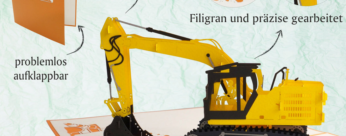 Aufgeklappte Pop-up-Karte mit gelbem Bagger, dazu die Hinweise problemlos aufklappbar, hochwertiges und stabiles Papier sowie filigran und präzise gearbeitet.