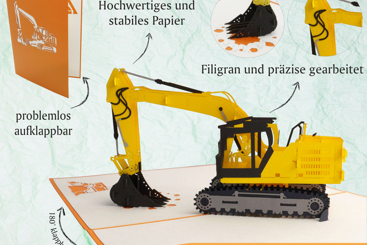 Aufgeklappte Pop-up-Karte mit gelbem Bagger, dazu die Hinweise problemlos aufklappbar, hochwertiges und stabiles Papier sowie filigran und präzise gearbeitet.