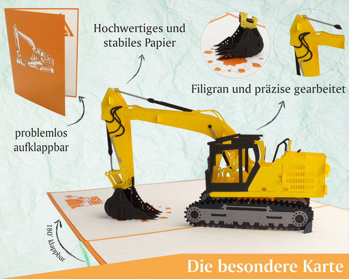Aufgeklappte Pop-up-Karte mit gelbem Bagger, dazu die Hinweise problemlos aufklappbar, hochwertiges und stabiles Papier sowie filigran und präzise gearbeitet.