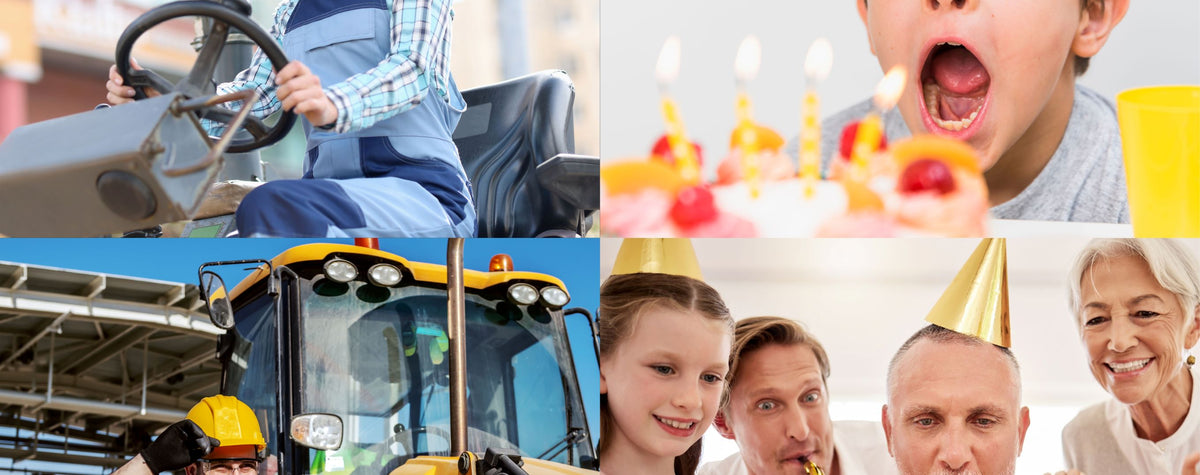 Collage mit Baggerfahrern und feiernden Menschen beim Geburtstag, dazu der Text für den besonderen Anlass.