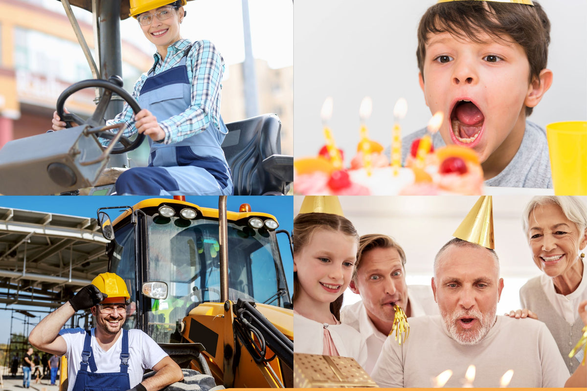 Collage mit Baggerfahrern und feiernden Menschen beim Geburtstag, dazu der Text für den besonderen Anlass.