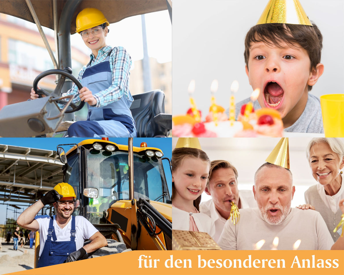 Collage mit Baggerfahrern und feiernden Menschen beim Geburtstag, dazu der Text für den besonderen Anlass.