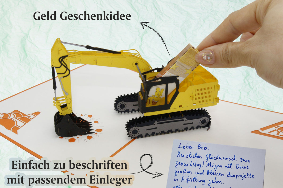Aufgeklappte Bagger Pop-up-Karte mit Geldschein in der Baggerschaufel und beschriftetem Einleger, dazu die Hinweise Geld Geschenkidee und einfach zu beschriften.