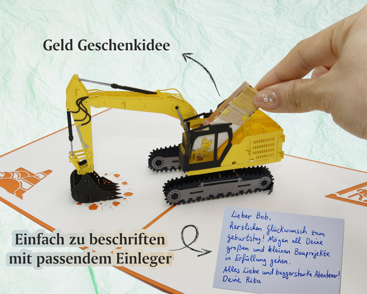 Aufgeklappte Bagger Pop-up-Karte mit Geldschein in der Baggerschaufel und beschriftetem Einleger, dazu die Hinweise Geld Geschenkidee und einfach zu beschriften.