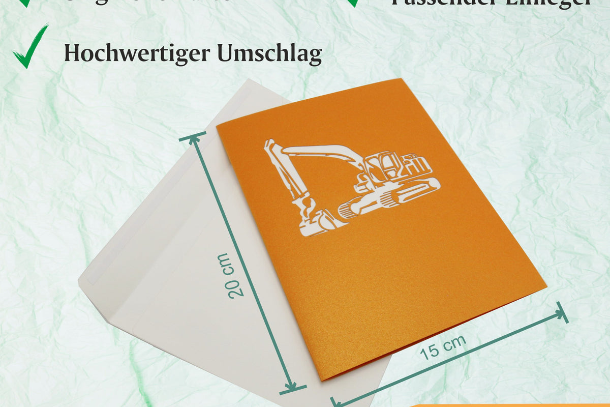 Lieferumfang der Bagger Pop-up-Karte: originelle Karte 15x20 cm, hochwertiger Umschlag und passender Einleger.