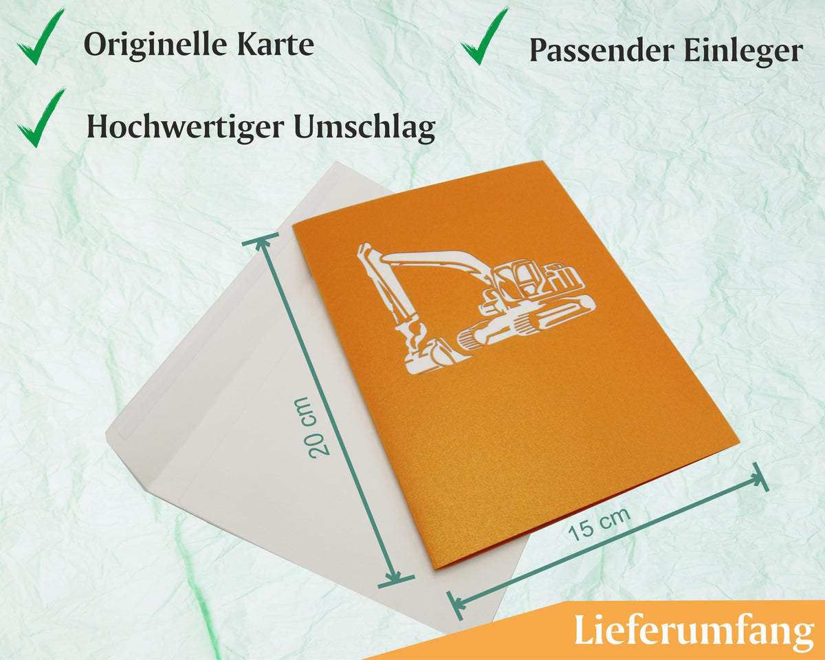 Lieferumfang der Bagger Pop-up-Karte: originelle Karte 15x20 cm, hochwertiger Umschlag und passender Einleger.