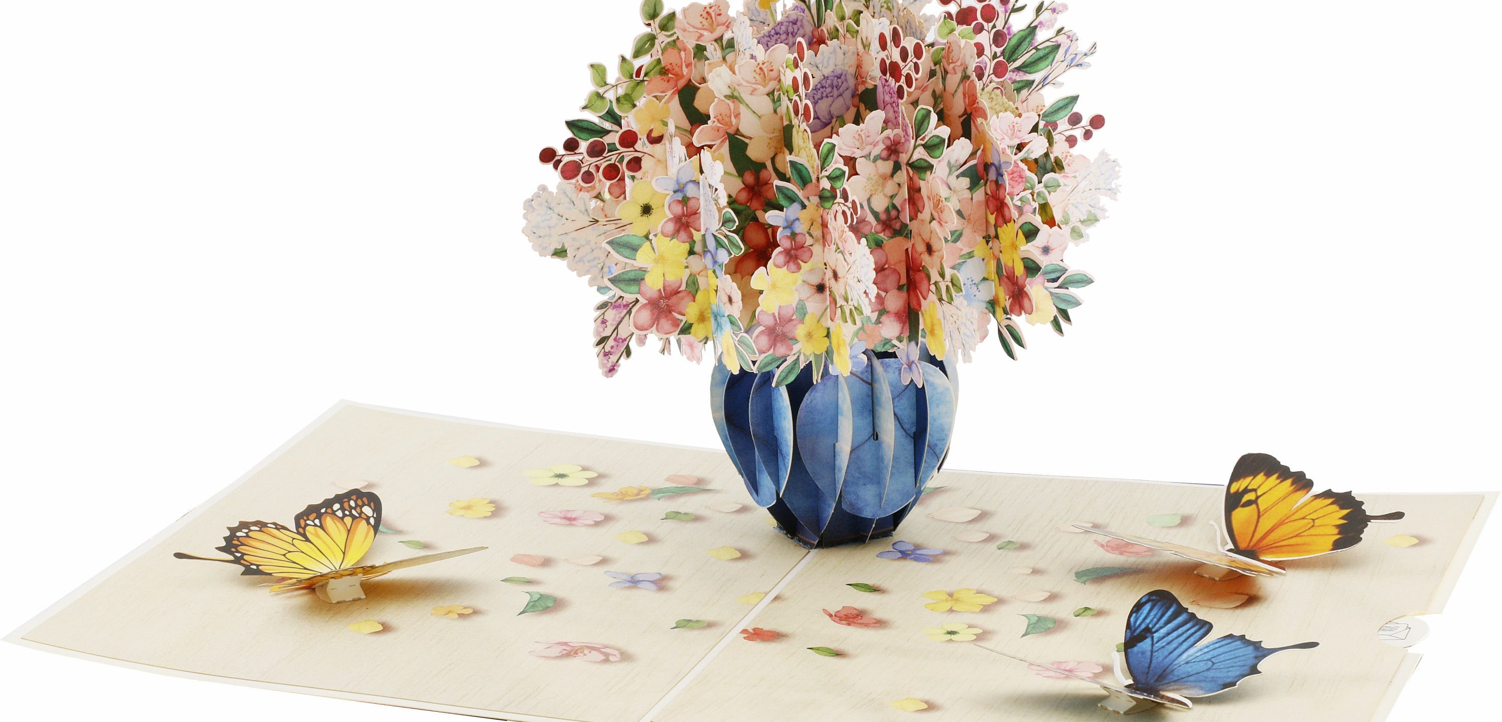 Aufgeklappte Pop-up-Karte mit Blumenstrauß und Schmetterlingen, schräg von oben fotografiert.