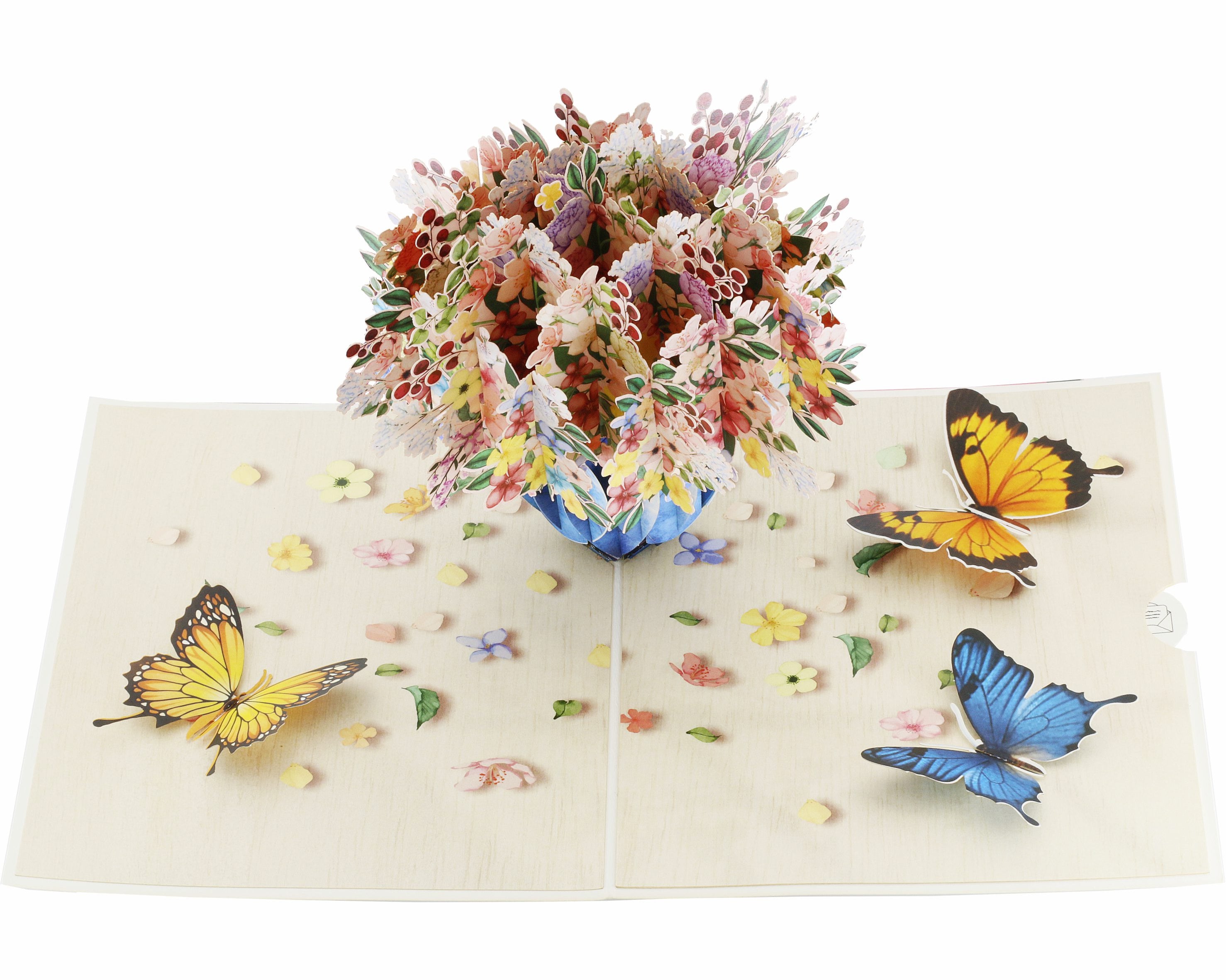 Aufgeklappte Pop-up-Karte mit buntem Blumenstrauß und Schmetterlingen, seitlich fotografiert.