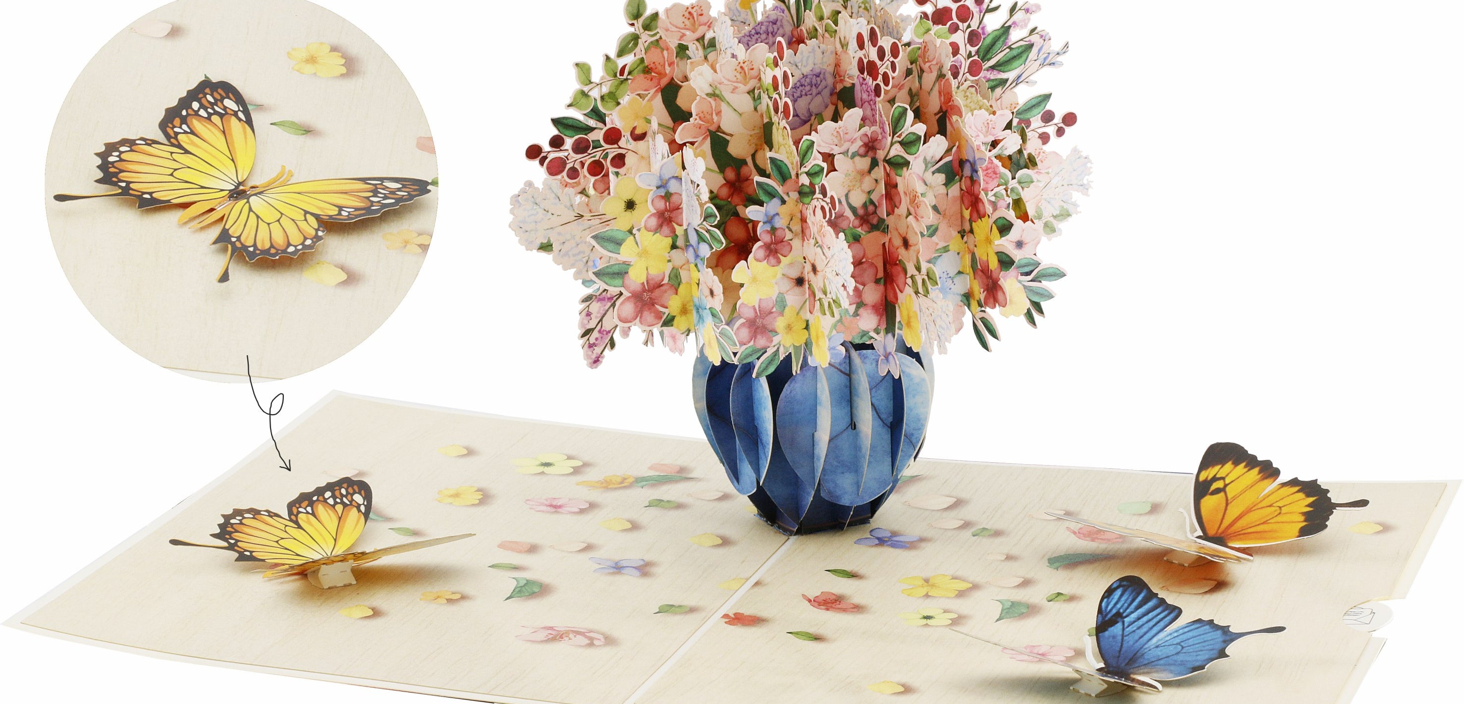 klappkarte mit buntem blumenstrauß in der vase, mit blauen und gelben schmetterlingen