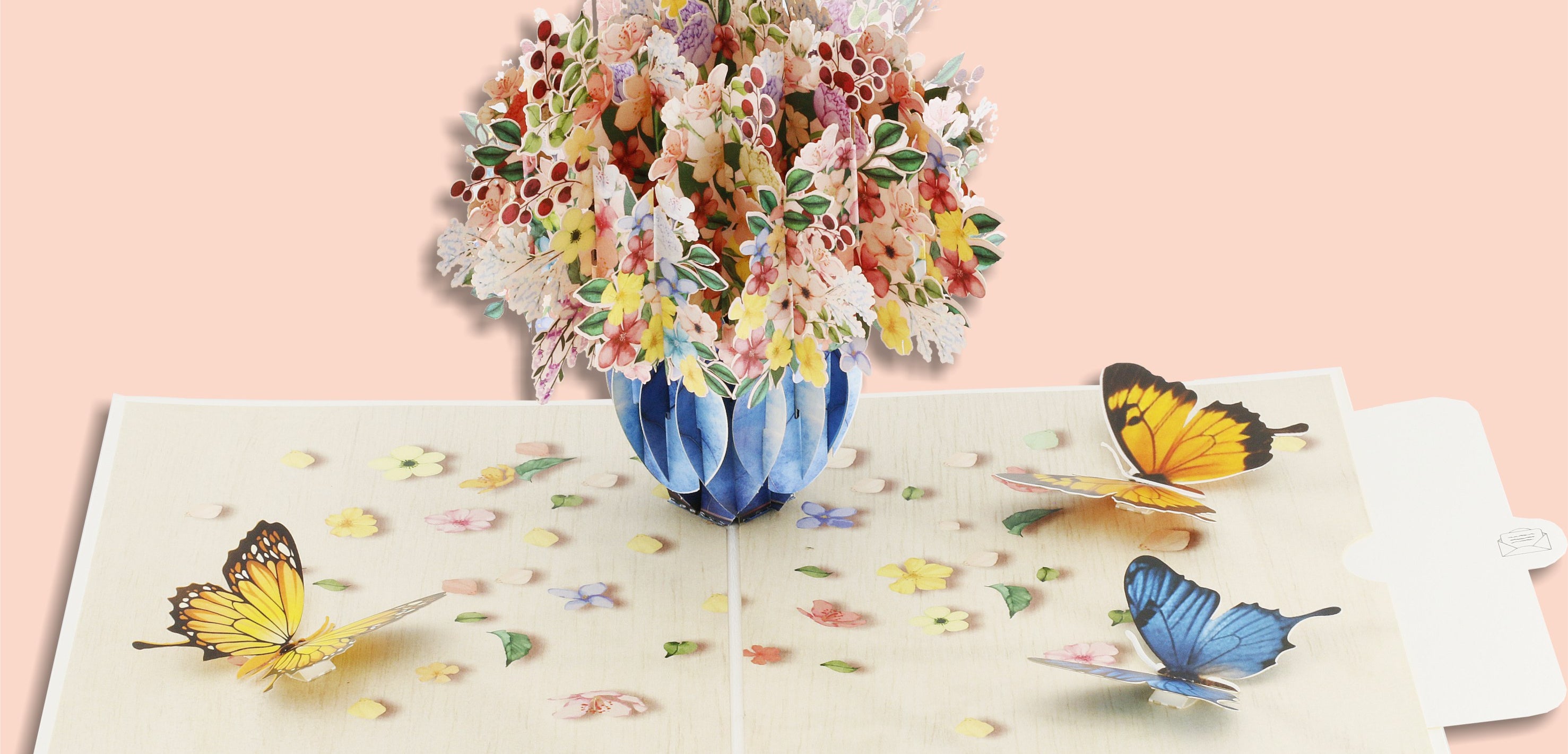 3d karte mit buntem blumenstrauß in der vase, mit blauen und gelben schmetterlingen