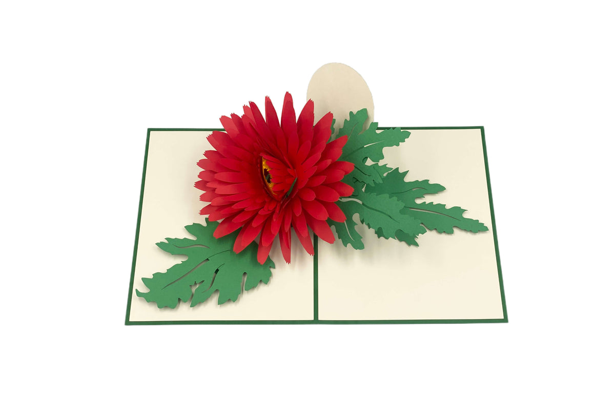 Aufgeklappte Pop-up-Karte mit einer roten Chrysantheme aus Papier, frontal fotografiert.
