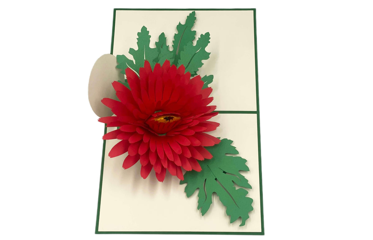 Aufgeklappte Pop-up-Karte mit roter Chrysantheme, schräg von oben fotografiert.