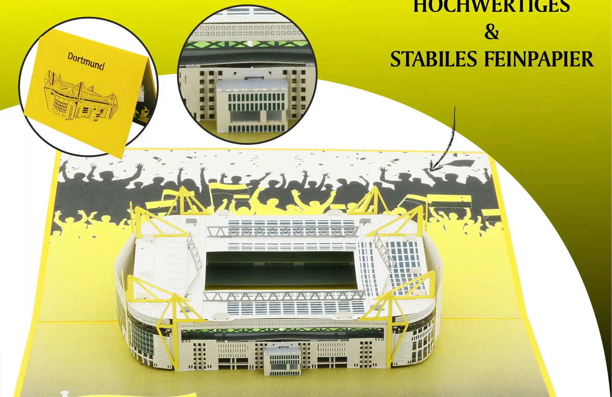 Pop-up-Karte mit filigranem Modell des Fußballstadions Dortmund und mehreren Detailansichten, umgeben von stilisierten jubelnden Menschen.