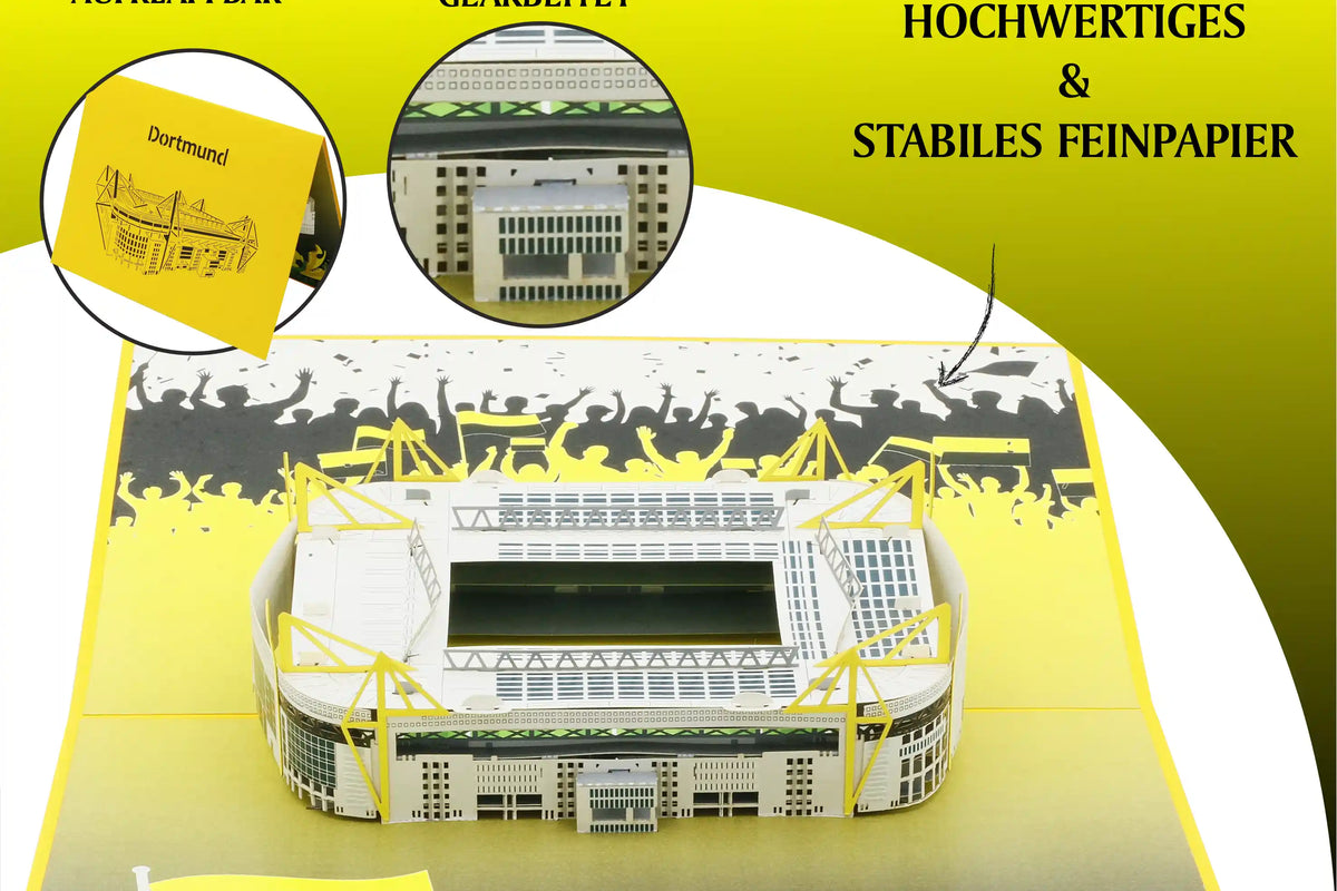 Pop-up-Karte mit filigranem Modell des Fußballstadions Dortmund und mehreren Detailansichten, umgeben von stilisierten jubelnden Menschen.