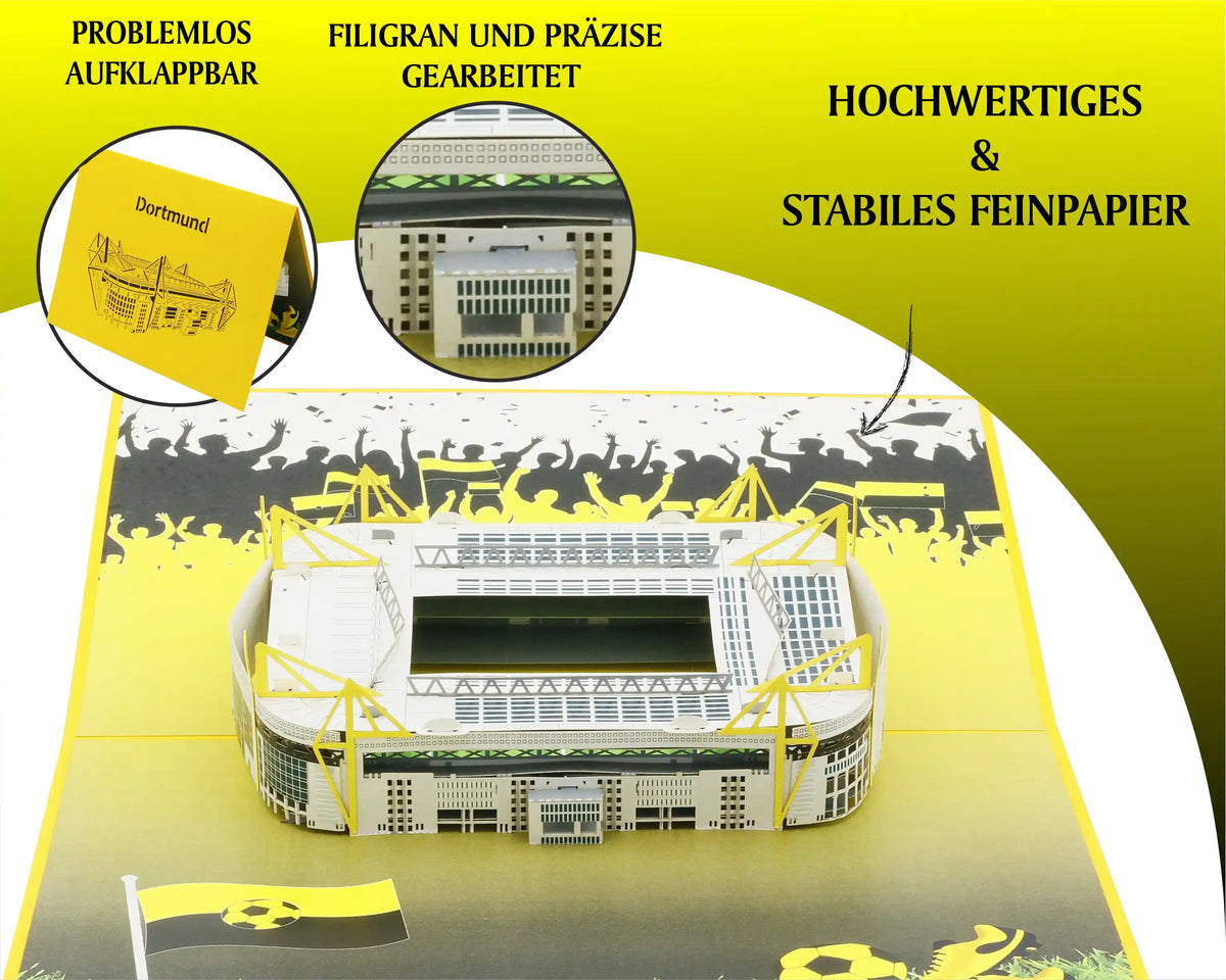 Pop-up-Karte mit filigranem Modell des Fußballstadions Dortmund und mehreren Detailansichten, umgeben von stilisierten jubelnden Menschen.