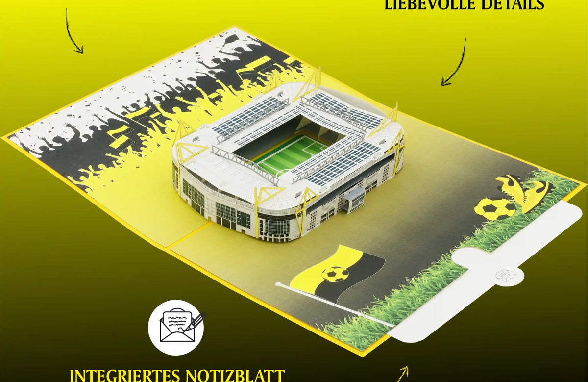 Pop-up-Karte mit Stadionmodell, aufklappbarem Notizblatt und grafischen Fußballmotiven, dazu Textelemente: 'LEBENDIGE FARBEN', 'LIEBEVOLLE DETAILS', 'INTEGRIERTES NOTIZBLATT ZUM BESCHRIFTEN'.