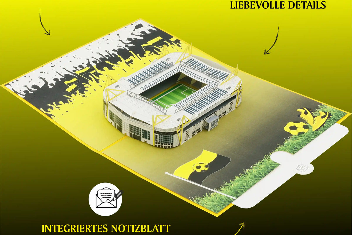 Pop-up-Karte mit Stadionmodell, aufklappbarem Notizblatt und grafischen Fußballmotiven, dazu Textelemente: 'LEBENDIGE FARBEN', 'LIEBEVOLLE DETAILS', 'INTEGRIERTES NOTIZBLATT ZUM BESCHRIFTEN'.