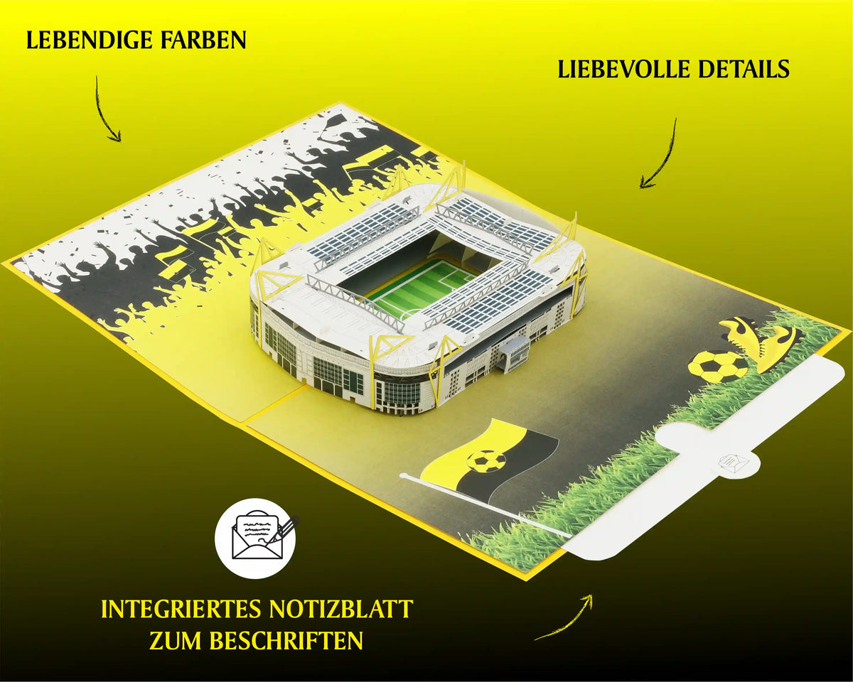 Pop-up-Karte mit Stadionmodell, aufklappbarem Notizblatt und grafischen Fußballmotiven, dazu Textelemente: 'LEBENDIGE FARBEN', 'LIEBEVOLLE DETAILS', 'INTEGRIERTES NOTIZBLATT ZUM BESCHRIFTEN'.