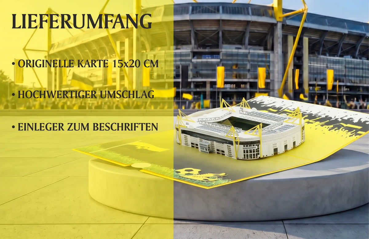 Pop-up-Karte mit Stadionmodell Dortmund im Vordergrund vor großem Stadiongebäude mit gelben Streben, links daneben gelber Infokasten mit dem Lieferumfang.