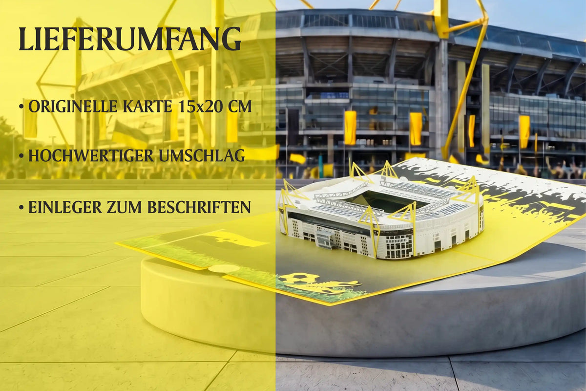 Pop-up-Karte mit Stadionmodell Dortmund im Vordergrund vor großem Stadiongebäude mit gelben Streben, links daneben gelber Infokasten mit dem Lieferumfang.