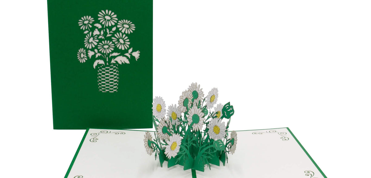 Aufgeklappte Pop-up-Karte mit weißen Gänseblümchen, daneben die grüne Kartenvorderseite mit Blumen-Scherenschnitt.