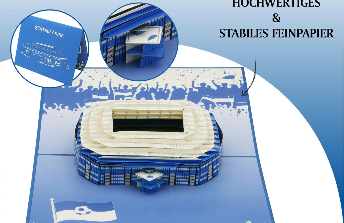 Hochwertige Pop-up-Karte mit einem Stadion-Design, gefertigt aus stabilem Feinpapier, ideal für Fußballfans und Geschenke.