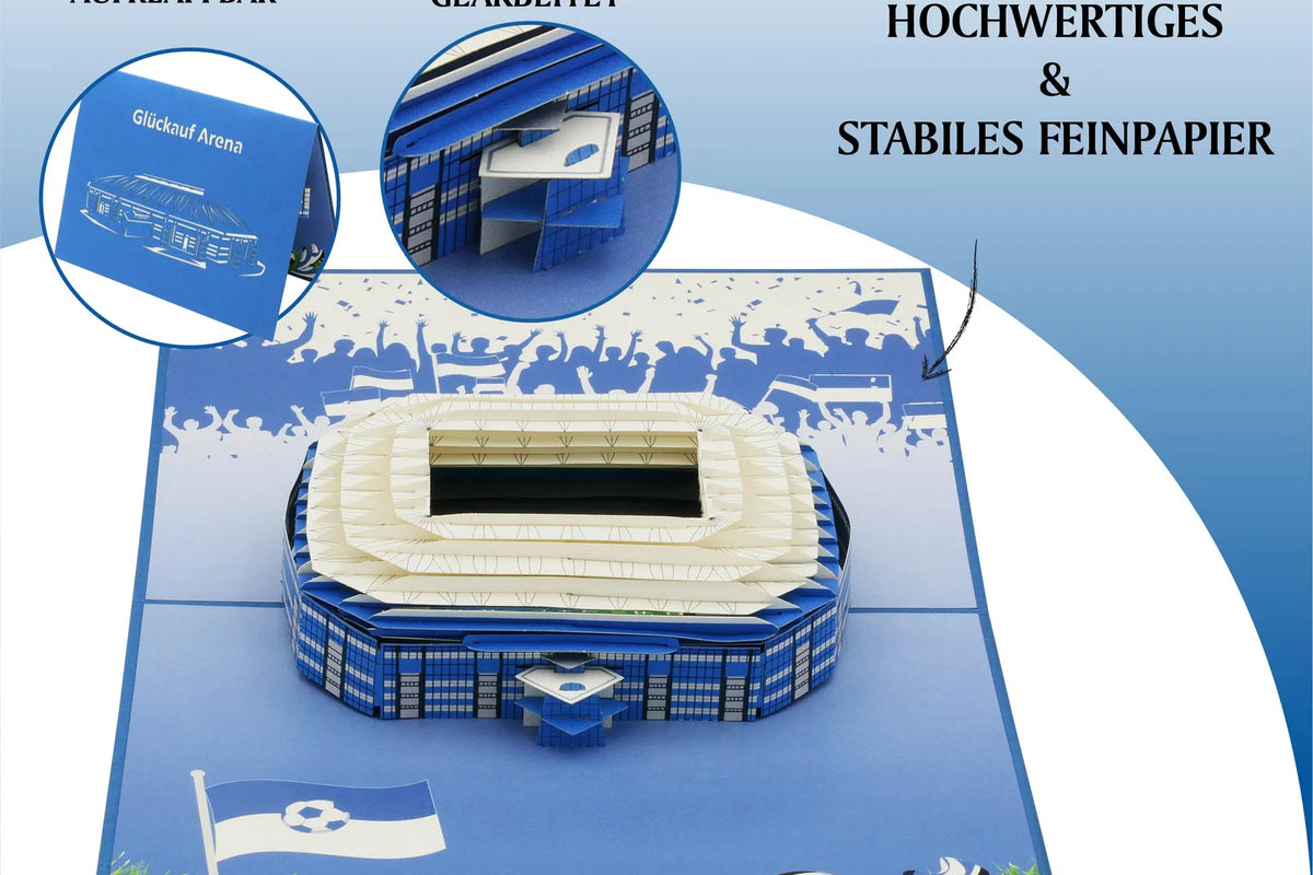 Hochwertige Pop-up-Karte mit einem Stadion-Design, gefertigt aus stabilem Feinpapier, ideal für Fußballfans und Geschenke.