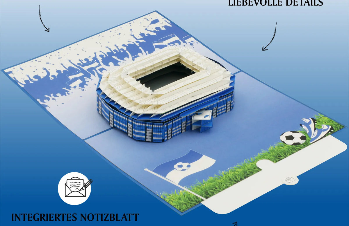 Pop-up-Karte mit einem detailreichen Fußballstadion in lebendigen Farben und integriertem Notizblatt zum Beschriften für Fans.