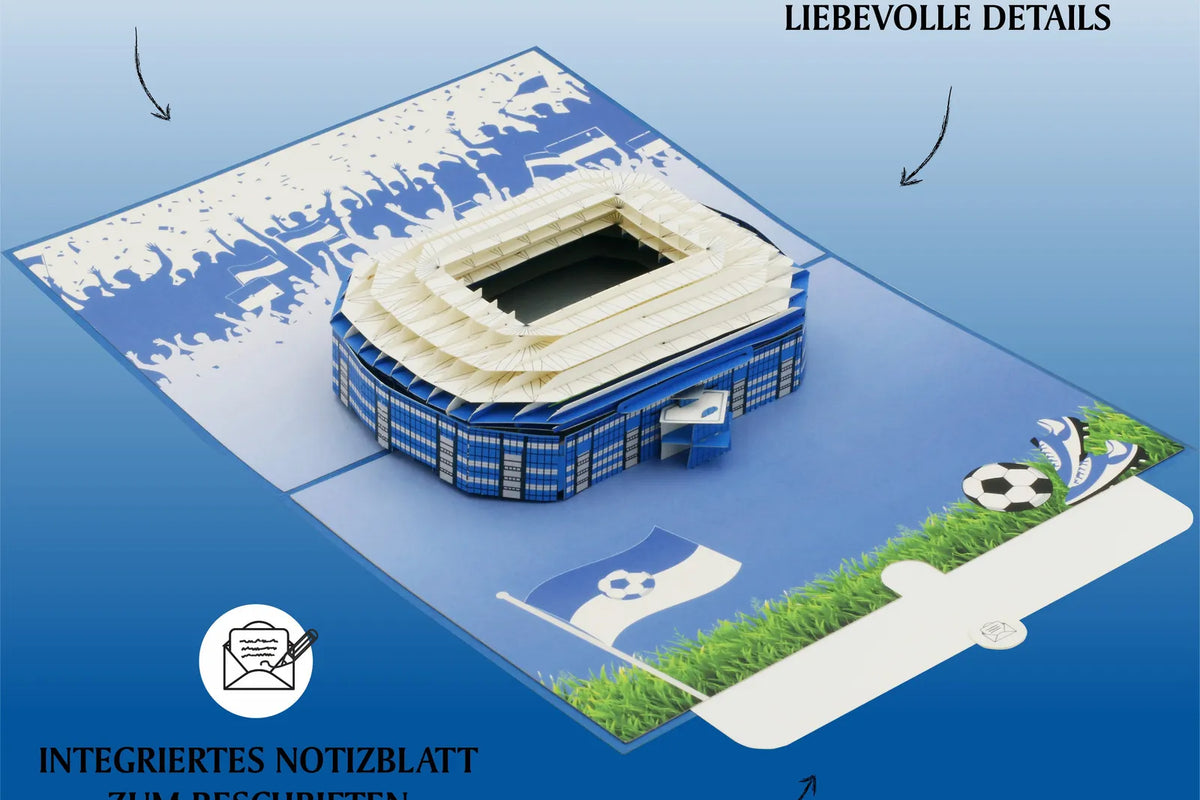 Pop-up-Karte mit einem detailreichen Fußballstadion in lebendigen Farben und integriertem Notizblatt zum Beschriften für Fans.