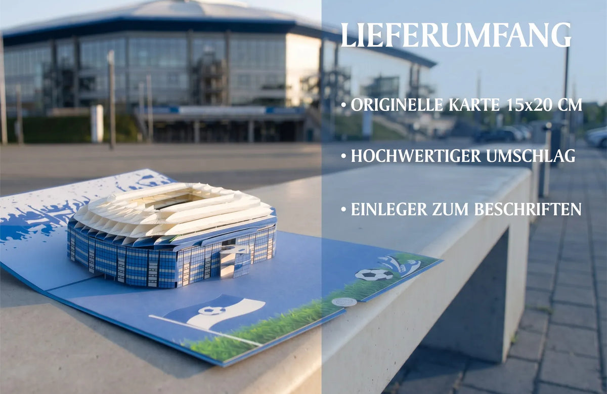 Die Lieferung umfasst eine pop up karte mit stadion motiv, einen hochwertigen Umschlag und einen beschriftbaren Einleger in ansprechendem Design. Im Hintergrund ist ein Stadion zu sehen.