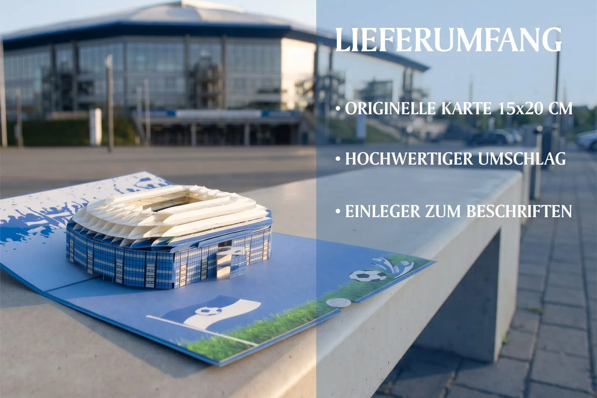 Die Lieferung umfasst eine pop up karte mit stadion motiv, einen hochwertigen Umschlag und einen beschriftbaren Einleger in ansprechendem Design. Im Hintergrund ist ein Stadion zu sehen.