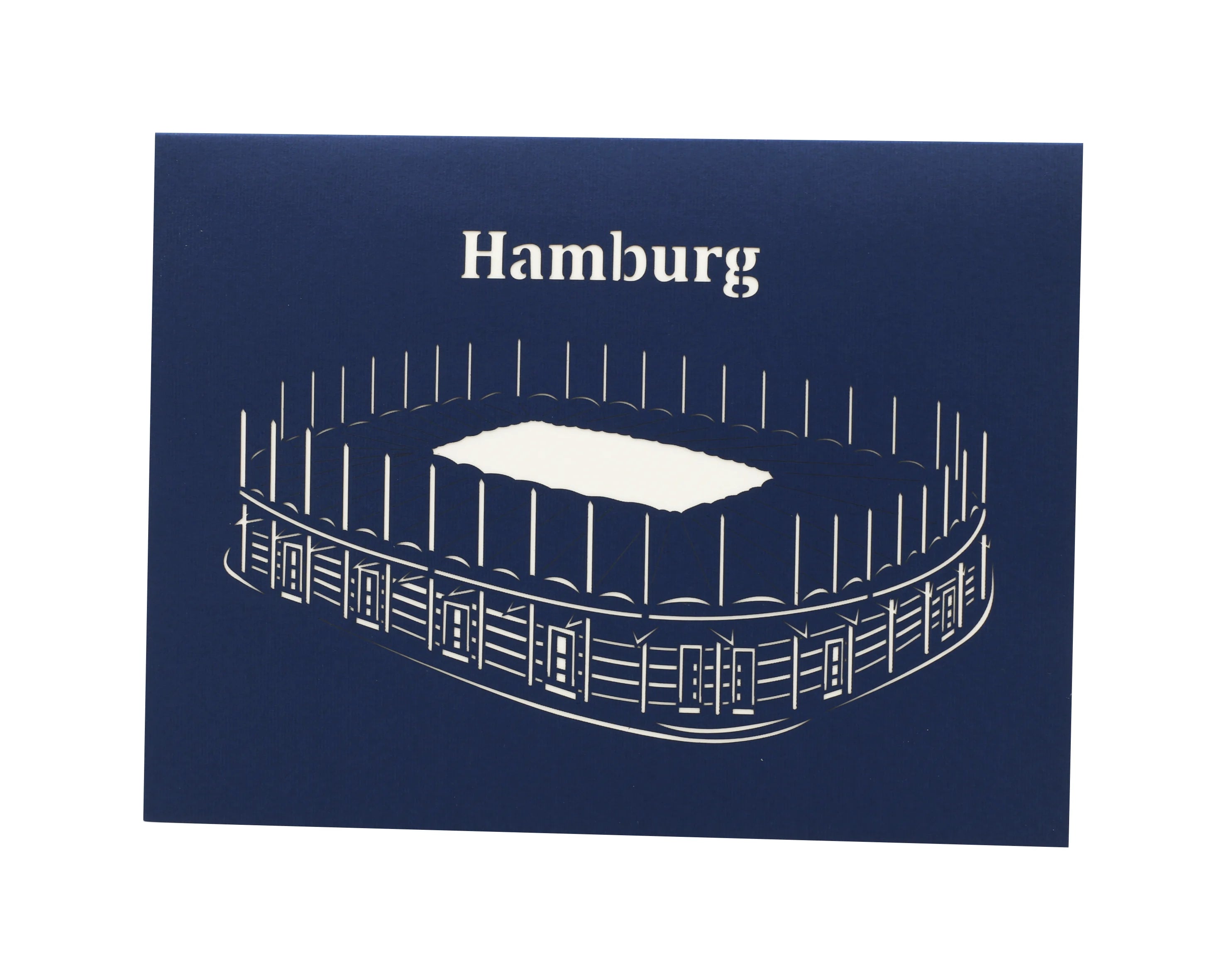 Geburtstagskarte mit dem Schriftzug Hamburg und einem Scherenschnitt vom Hamburger Stadion.