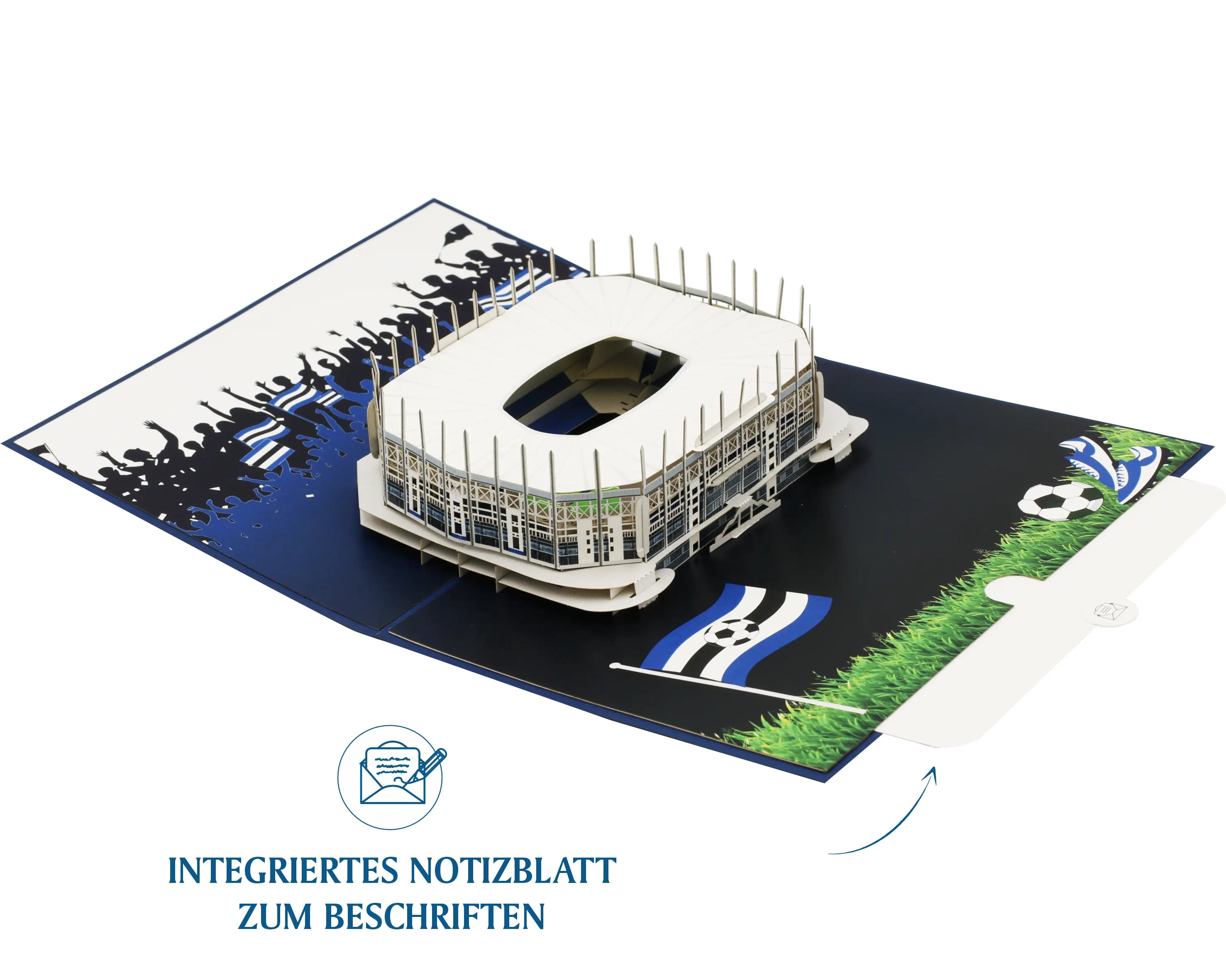 Aufgeklappte Pop-up-Karte mit dem Hamburger Stadion, Fußballflagge und Fußballmotiven auf dem Untergrund. Hinweis: integriertes Notizblatt zum Beschriften.