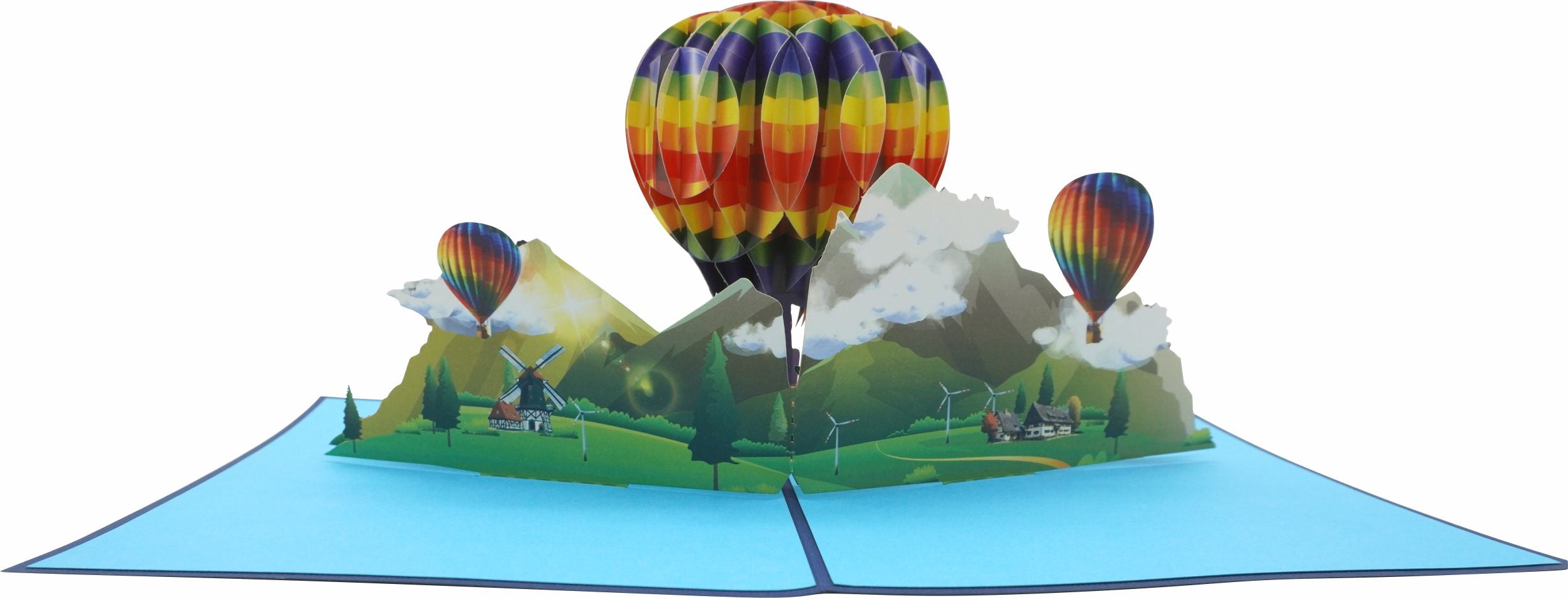 Aufgeklappte Pop-up-Karte mit drei Heißluftballons über einer Landschaft, frontal fotografiert.