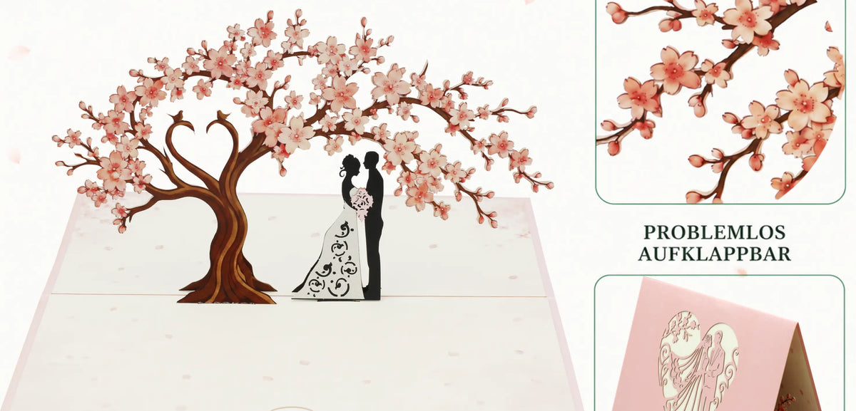 Aufgeklappte Pop-up-Karte mit filigranem Kirschblütenbaum und Brautpaar in der Mitte, daneben Detailansicht der Blüten und geschlossene Karte mit Herzmotiv.