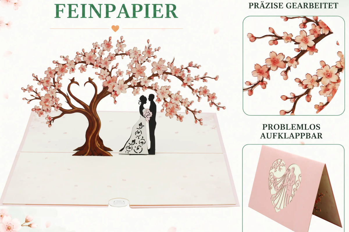 Aufgeklappte Pop-up-Karte mit filigranem Kirschblütenbaum und Brautpaar in der Mitte, daneben Detailansicht der Blüten und geschlossene Karte mit Herzmotiv.