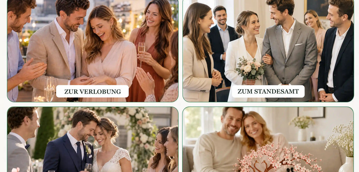 Vier Fotos zeigen Paare bei Verlobung, Standesamt, Hochzeit und Hochzeitstag, unten rechts eine aufgeklappte Pop-up-Karte mit eine Kirschbluetenbaum und einm Brautpaar