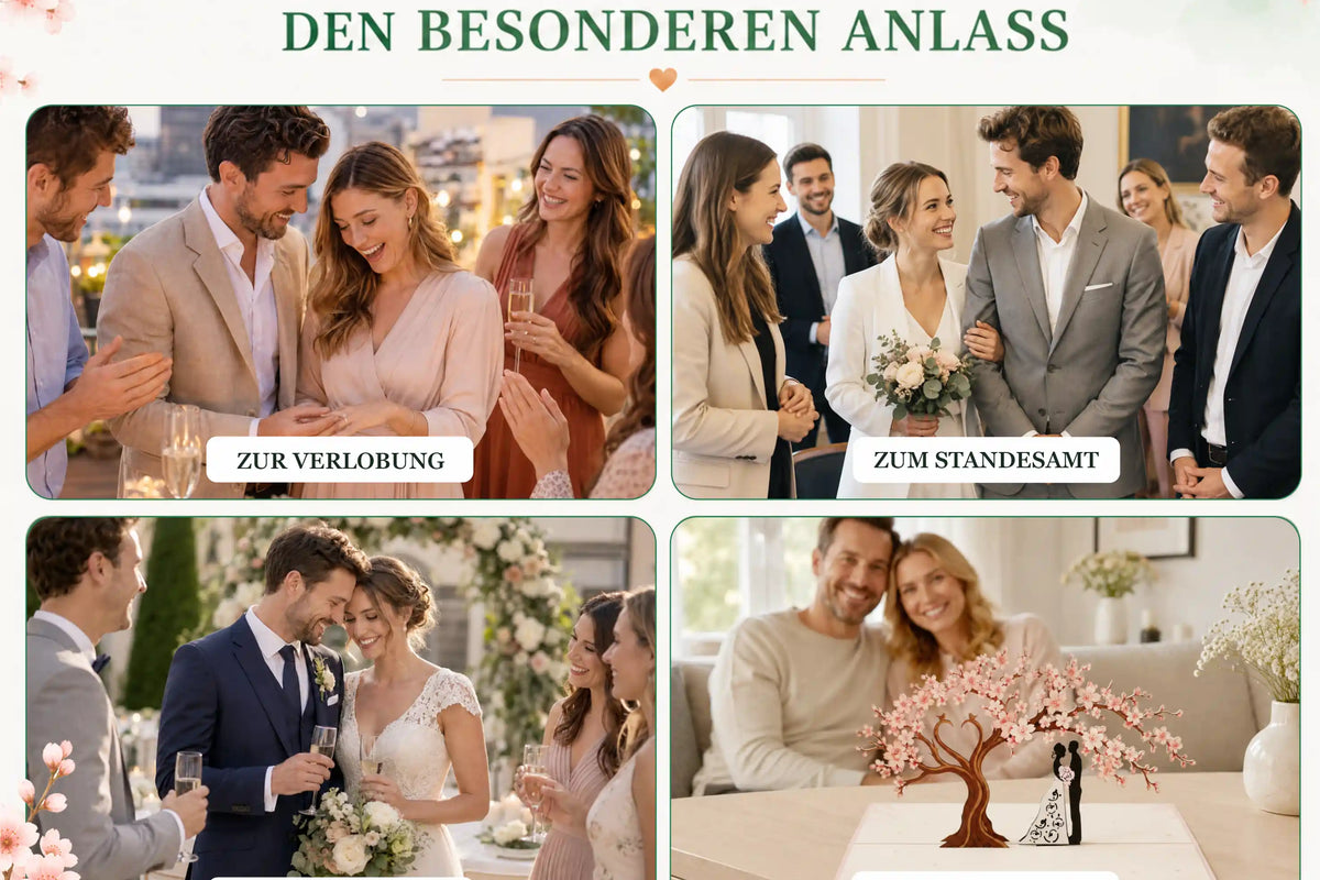 Vier Fotos zeigen Paare bei Verlobung, Standesamt, Hochzeit und Hochzeitstag, unten rechts eine aufgeklappte Pop-up-Karte mit eine Kirschbluetenbaum und einm Brautpaar