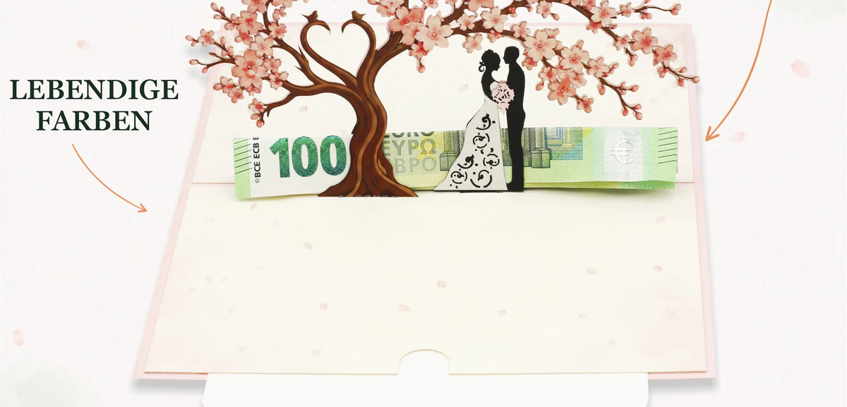 Aufklappbare Karte mit Kirschblütenbaum, Silhouette eines Brautpaares und einem gefalteten Geldschein vor hellem Hintergrund, umgeben mit Texten: Geld Geschenkidee, integriertes Notizblatt zum Beschriften und lebendige Farben