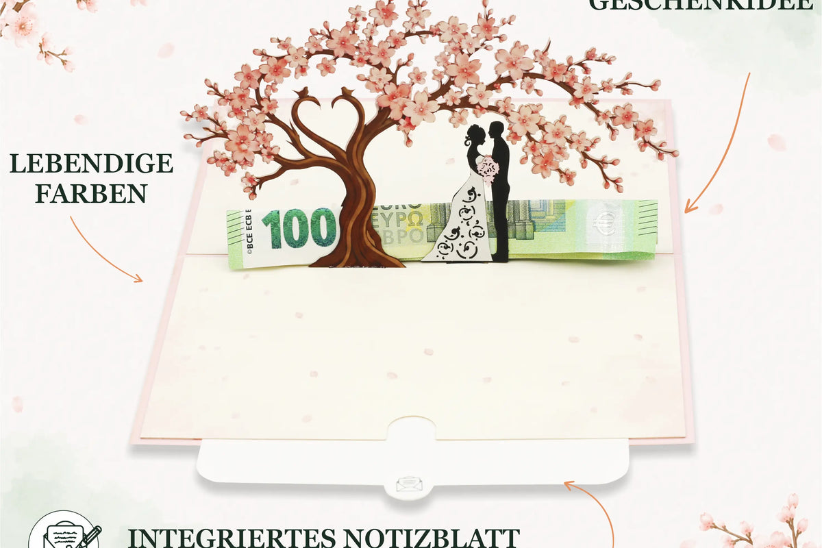 Aufklappbare Karte mit Kirschblütenbaum, Silhouette eines Brautpaares und einem gefalteten Geldschein vor hellem Hintergrund, umgeben mit Texten: Geld Geschenkidee, integriertes Notizblatt zum Beschriften und lebendige Farben