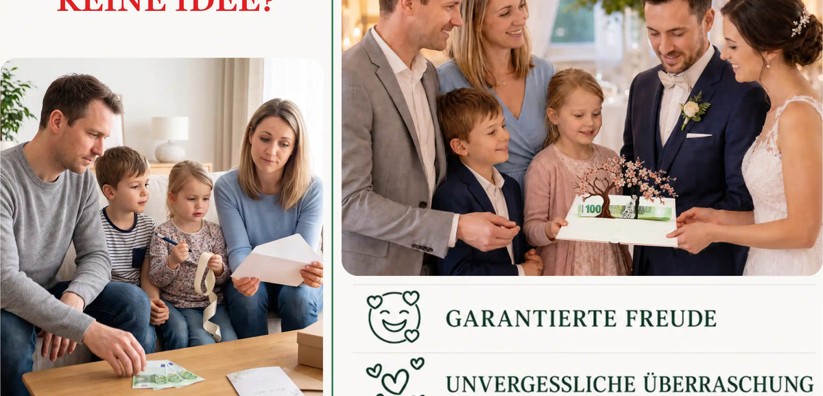 Familie sitzt am Tisch und hat keine Idee für ein Geldgeschenk fuer eine Hochzeit, daneben lächeln mehrere Erwachsene und Kinder bei einer Hochzeit um eine Pop-up-Karte mit Kirschblüten, in der das Geldgeschenk verpackt ist.