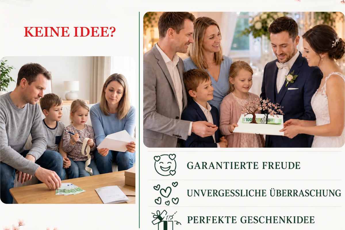 Familie sitzt am Tisch und hat keine Idee für ein Geldgeschenk fuer eine Hochzeit, daneben lächeln mehrere Erwachsene und Kinder bei einer Hochzeit um eine Pop-up-Karte mit Kirschblüten, in der das Geldgeschenk verpackt ist.