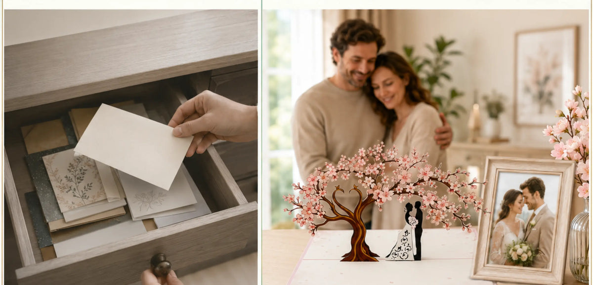Rosa Pop-up-Hochzeitskarte mit blühendem Baum und Brautpaar als bleibende Erinnerung auf einer Kommode