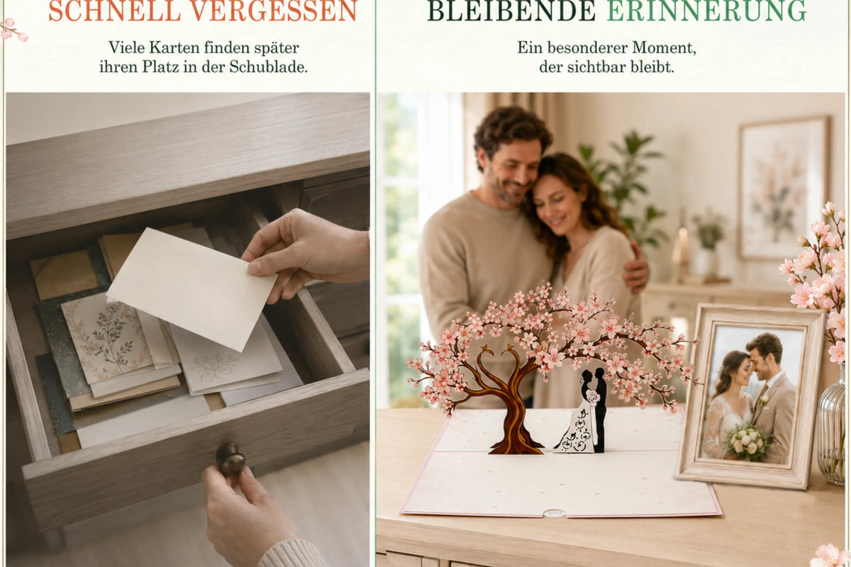 Rosa Pop-up-Hochzeitskarte mit blühendem Baum und Brautpaar als bleibende Erinnerung auf einer Kommode