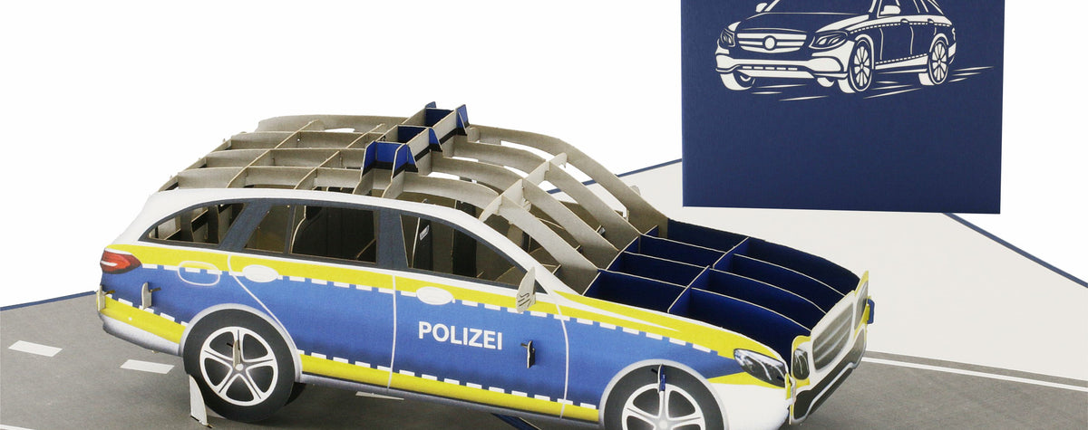Pop Up Karte mit Polizei auto auf einer straße und blauer karte