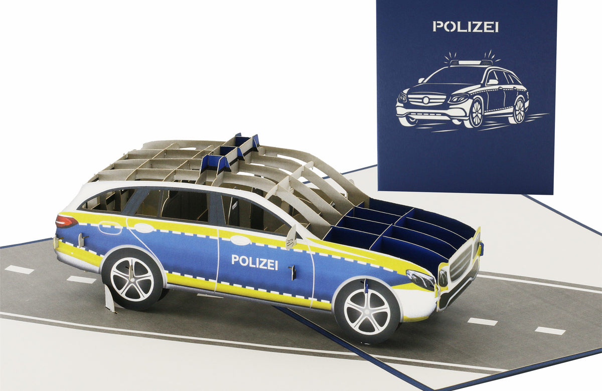 Pop Up Karte mit Polizei auto auf einer straße und blauer karte