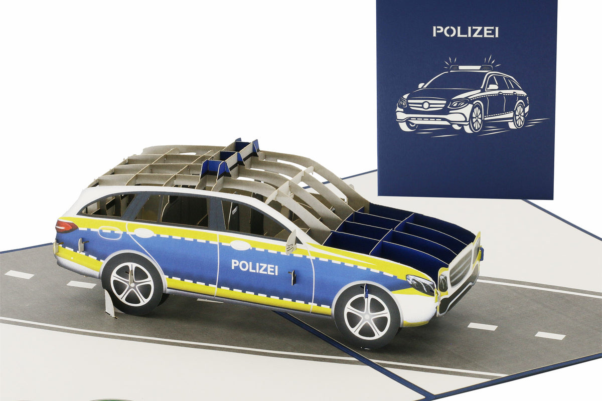Pop Up Karte mit Polizei auto auf einer straße und blauer karte