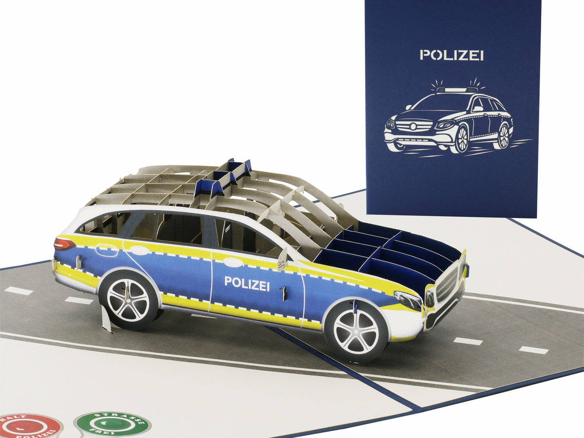 Pop Up Karte mit Polizei auto auf einer straße und blauer karte
